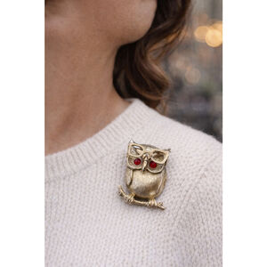 Vintage Covent Owl Brooch Red Crystal Eyes Silver Tone Glasses